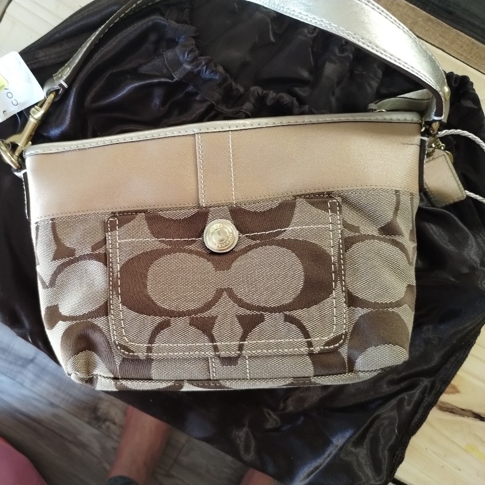 Coach Signature Brown Jacquard Baguette Purse Hand Bag L0771 11688
